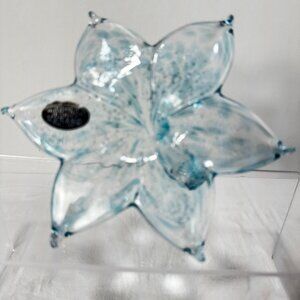 Murano Style Art Glass Hand Blown Stargazer Pale Blue Lily Flower Metallic Silve
